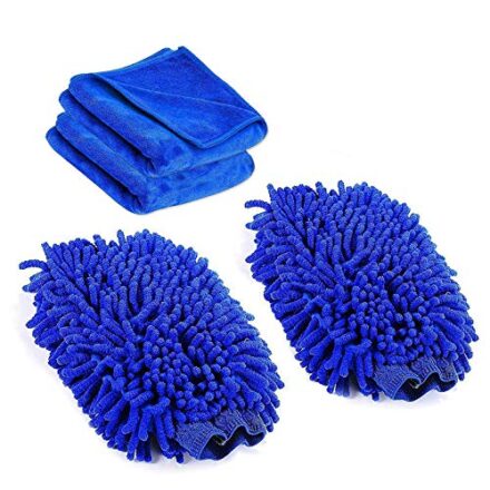 Amison Auto-Waschhandschuh 2 Stück ultraweiche Mikrofaser mit 2 Reinigungstüchern für Auto-Reinigung & Haushalt-Reinigung  