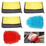 Jiakalamo 2 Stücke Wasserdicht Mikrofaser Auto-waschhandschuh und 3 Stück Microfasertuch Set, Chenille Wasch Handschuh mit Reinigungstuch für Auto-Reinigung und Haushalt-Reinigung(5 Stück)  
